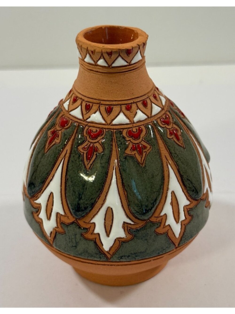 Vintage Bonis Pottery Greece Handmade Enamel Terracotta Clay Flower Vase - Picture 2 of 10
